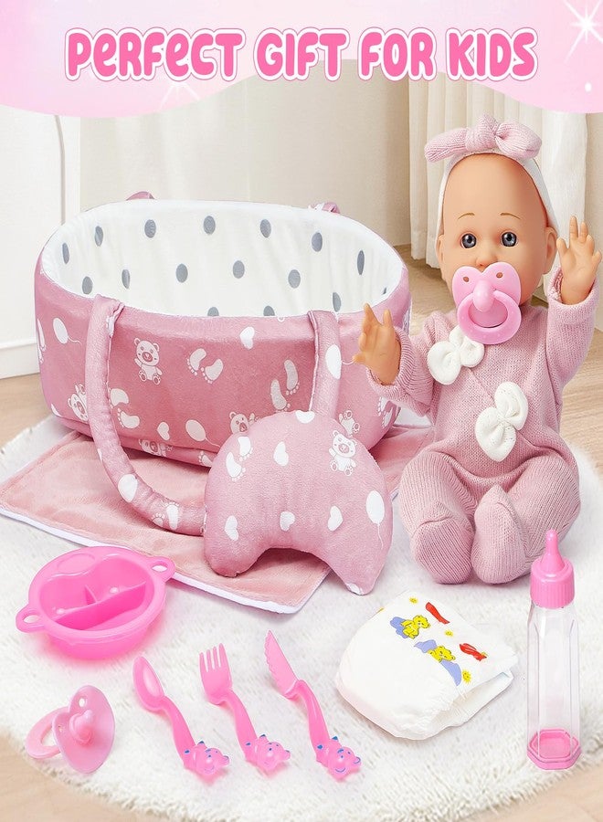 Golray 12" Soft Baby Doll Set with Accessories Bassinet Carrier, 13 Pcs First Toddlers Realistic Baby Doll Crib with Pillow/ Clothes/ Feeding Kit, Pretend Play Toy Birthday Gift for Girls Ages 3 4 5 6 - Image 2